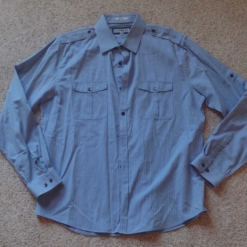 Express Blue Casual Button Down Shirt with Utility Style